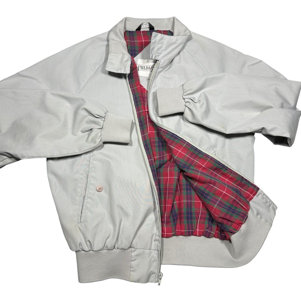 Vintage 90s Field & Stream Mens Grey Harrington Jacket Plaid Lined Bomber Medium